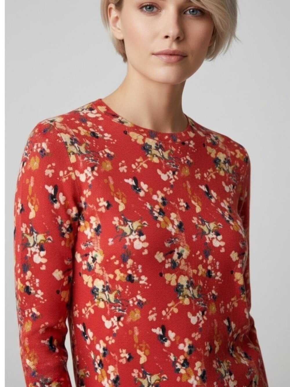 Christian Dior Red Floral Wool Silk Sweater Ruched Sleeve Italy Size 4